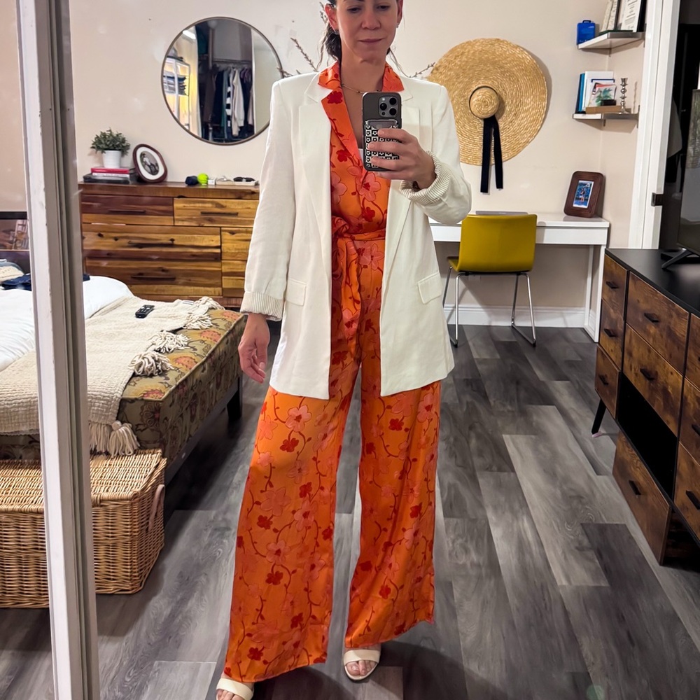 Mango Orange Floral Jumpsuit with White Blazer